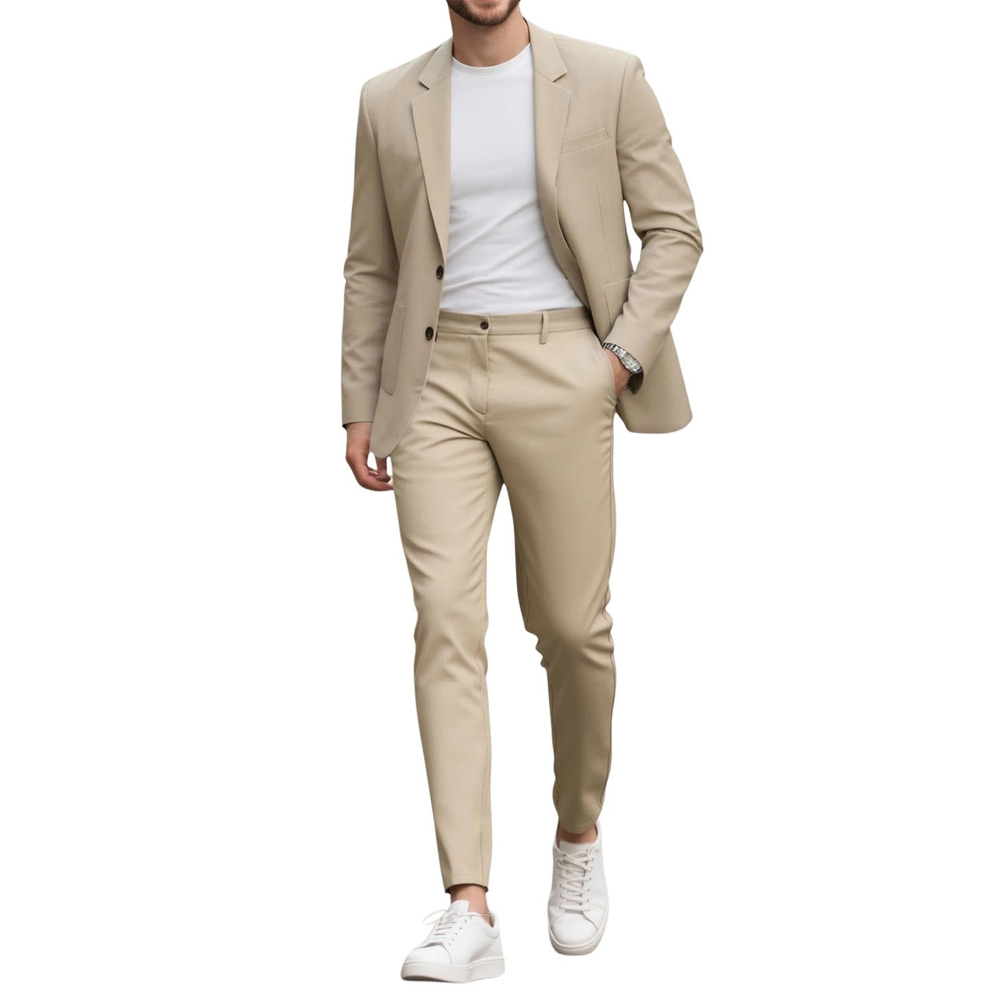 Men's Khaki 2-Piece Suit Regular Fit Single Breasted Blazer with Trousers Casual Business Wedding Gentleman Outfit