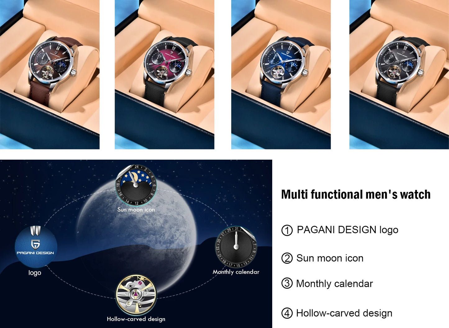 PAGANI DESIGN Men Watches Automatic Mechanical Watch Tourbillon Clock Genuine Leather Waterproof Watch Military Wristwatch Man ﻿