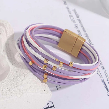 ALLYES Charm Triple Color Leather Bracelet for Women Bohemian Metal Beads Multilayer Thin Strip Wrap Bracelets Fashion Jewelry