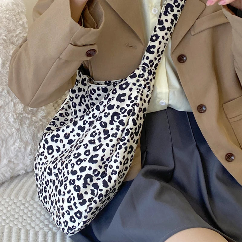 Female Leopard Print Messenger Bag Modern Shoulder Canvas Bag Student Diagonal Large Capacity Straddle Bag