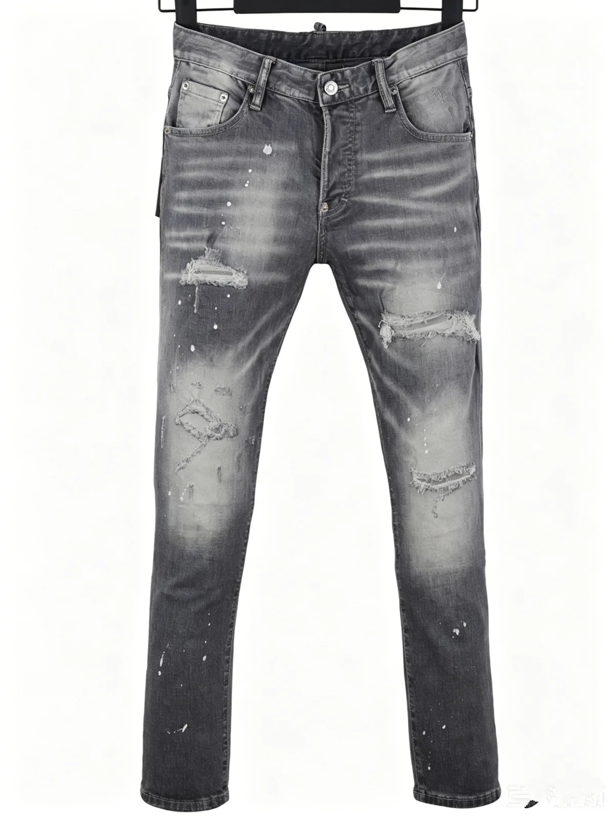 6057 Four Seasons New Men's Wear Washed Ripped Patch Paint Slim-fit Feet Blue Jeans for Men