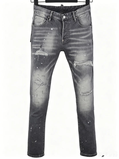 6057 Four Seasons New Men's Wear Washed Ripped Patch Paint Slim-fit Feet Blue Jeans for Men