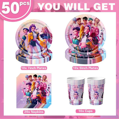K-pop Kids Birthday Party Supplies All-in-One Decor Set-Paper Tableware Cups Candy Box Gift Bags Banner for Festive Celebrations