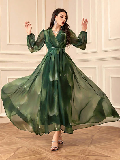 TOLEEN Women's V-Neck Cross Wrap Elegant Long Sleeve Random Print Summer Dress 2024 New Spring Casual Formal Party Maxi Dresses
