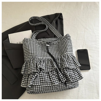 Cute Plaid Cotton Tote Bag Large Capaci Lace Trim Women's Summer 2026 Simple Lady Handbag Soft Shoulder Bags Bolsa Feminina