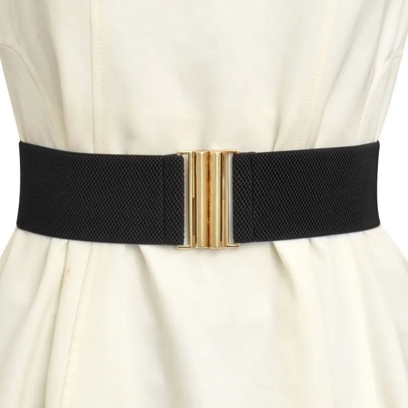 Fashion Women's Ladies Gold Buckle Wide Stretch Elastic Corset Waist Belt Waistband Dress Decoration Belt