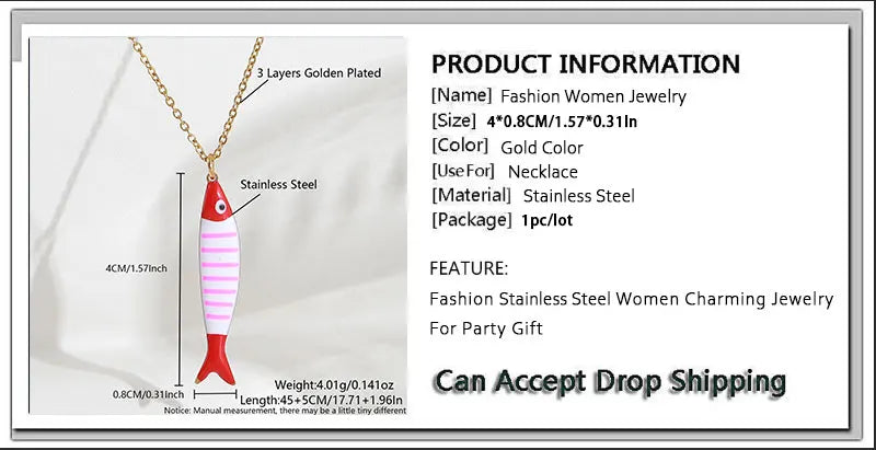 Cute Colorful Enamel Fish Pendant Necklaces For Women Girls Lovely Stainless Steel Gold Color Summer Waterproof Beach Jewelry