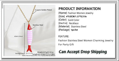 Cute Colorful Enamel Fish Pendant Necklaces For Women Girls Lovely Stainless Steel Gold Color Summer Waterproof Beach Jewelry
