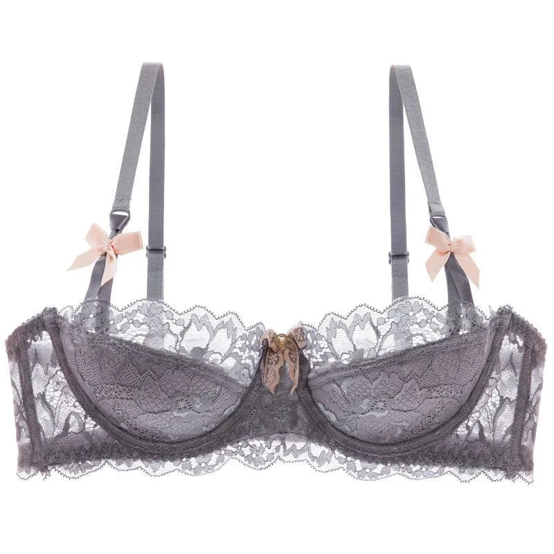 French Pure Passion Bow Shaped Shoulder Strap Lace Sexy Half Cup Push Up Bra Set Women's Thin Lingerie Big Breast Small Cup S-XL