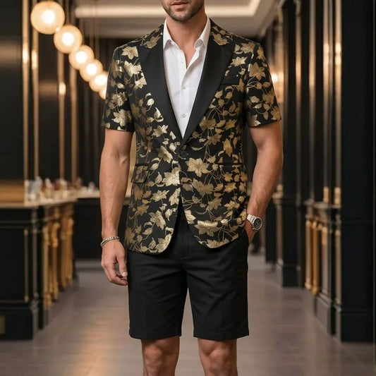 KIDWHXR Summer Suit Set Man Contrast Color Printed Short Sleeve Blazer Male Straight-leg Shorts Men Party Stage 2-piece Outfit