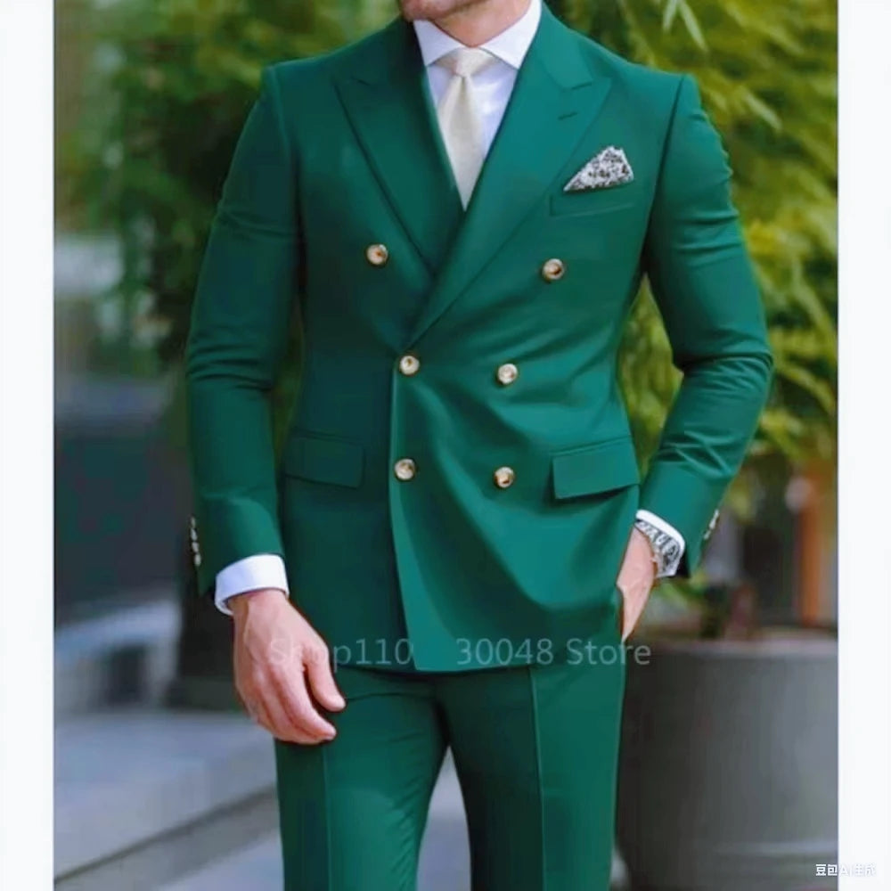 Elegant 2 Piece Wedding Men Suits Slim Fit Peak Lapel Double Breasted Blazer Pants Formal Business Groom Tuxedos Office Dinner