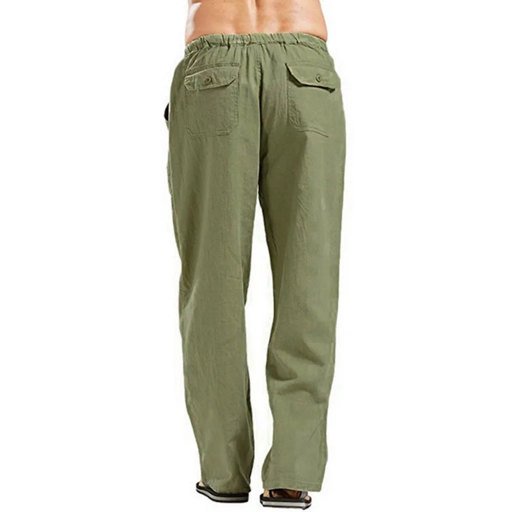 Men's Cotton Linen Pants Summer Solid Color Breathable Linen Trousers Male Casual Elastic Waist Fitness Pants