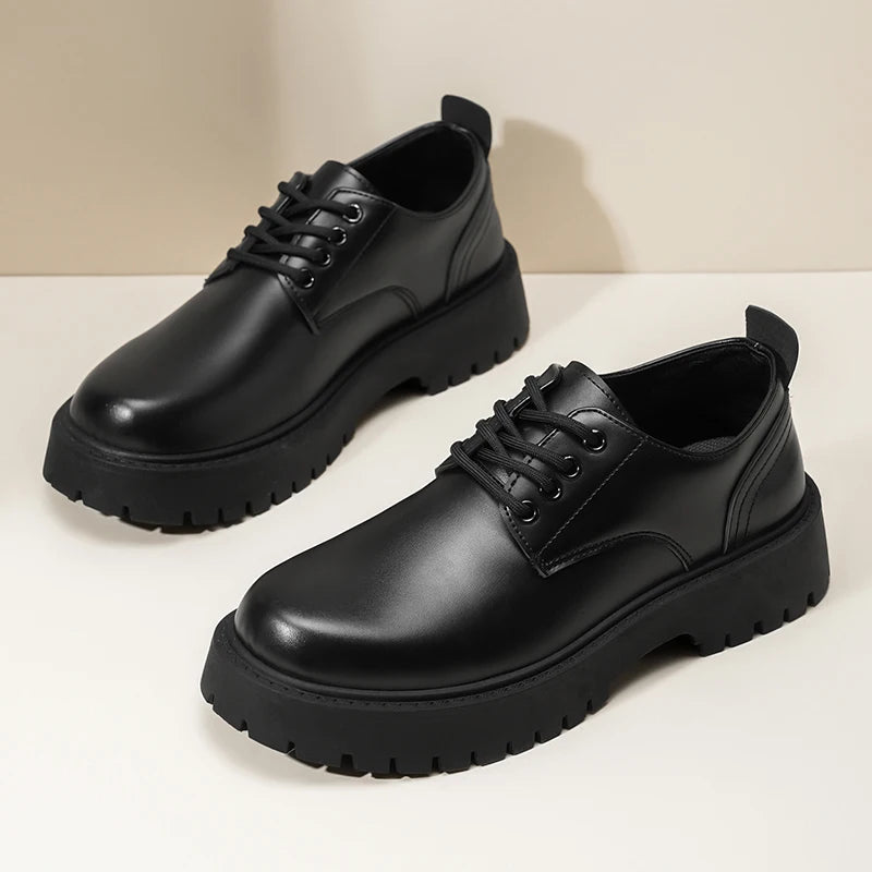 Men Chunky Sole Leather Oxford Shoes, Lace-up Non-slip Formal Footwear for Work, Wedding and Daily Business Occasions