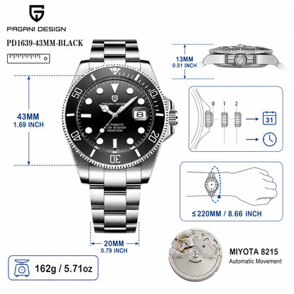 PAGANI DESIGN Men Watches Automatic Watch Mechanical Watch Sapphire Glass Stainless Steel Luminous Date Reloj Hombre Luxury Wris