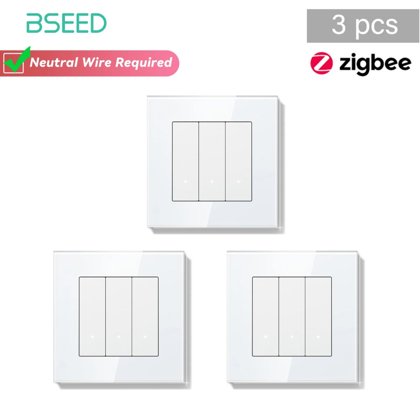 Bseed Zigbee Button Switchs Need Neutral Wire Tuya Smart Life Alexa App Control Glass Frame 86*86mm White Light Switch