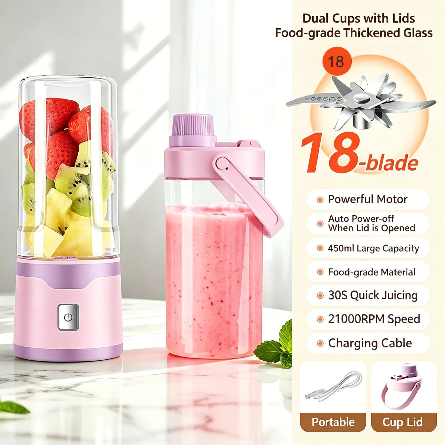 18 Blades Juicer Portable USB Blender Electric Travel 400ML Juicer Cup For Smoothie Milkshake Outdoor Kitchen Mini Mixer Tool