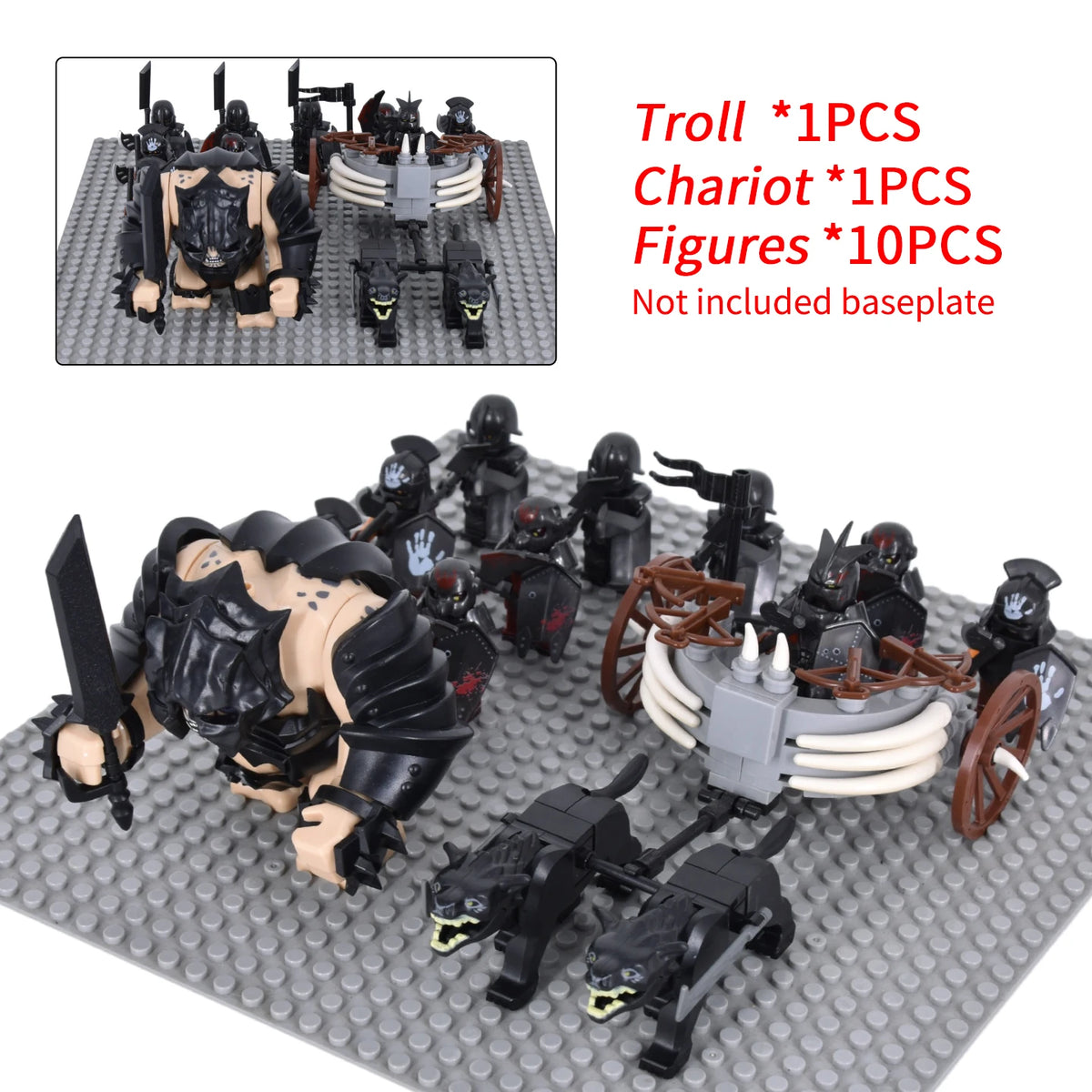 Medieval Battle Scene Building Blocks Beige Giant Troll Beast-Drawn Chariot 10 Warrior Bricks Figures MOC Collectible Model Toy