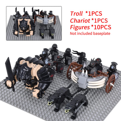 Medieval Battle Scene Building Blocks Beige Giant Troll Beast-Drawn Chariot 10 Warrior Bricks Figures MOC Collectible Model Toy