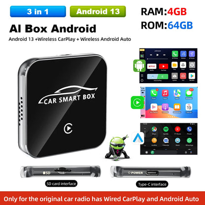 Grandnavi Android 13 3in1 CarPlay Ai Box Wireless Android Auto USB Adapter For Youtube Netflix Tiktok Universal AI Box Plug Play