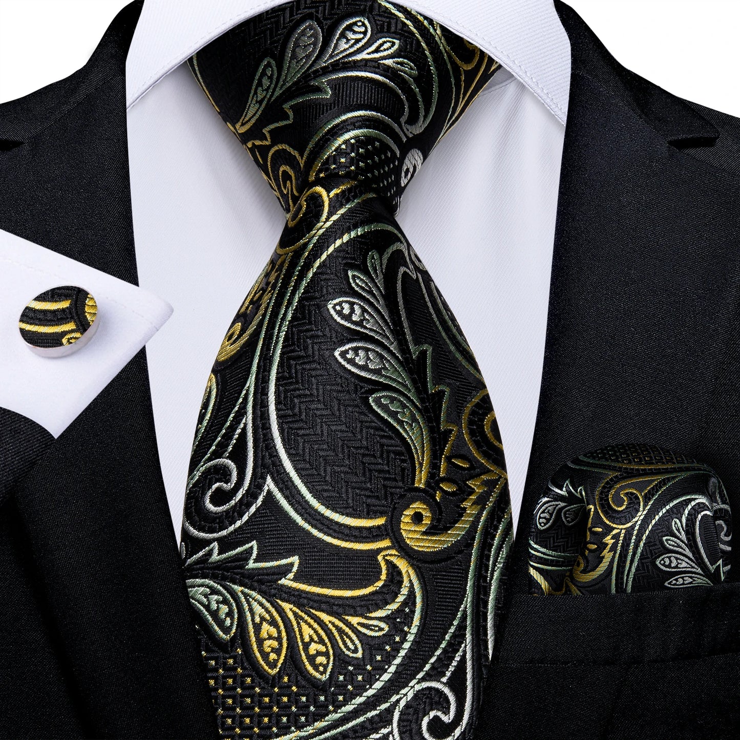 Luxury Black Gold Paisley Striped Floral Silk Men's Tie Set Handkerchief Cufflinks Wedding Party Accessories Groom Gift for Men