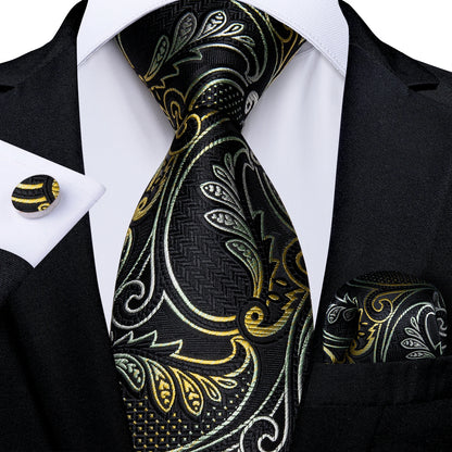 Luxury Black Gold Paisley Striped Floral Silk Men's Tie Set Handkerchief Cufflinks Wedding Party Accessories Groom Gift for Men