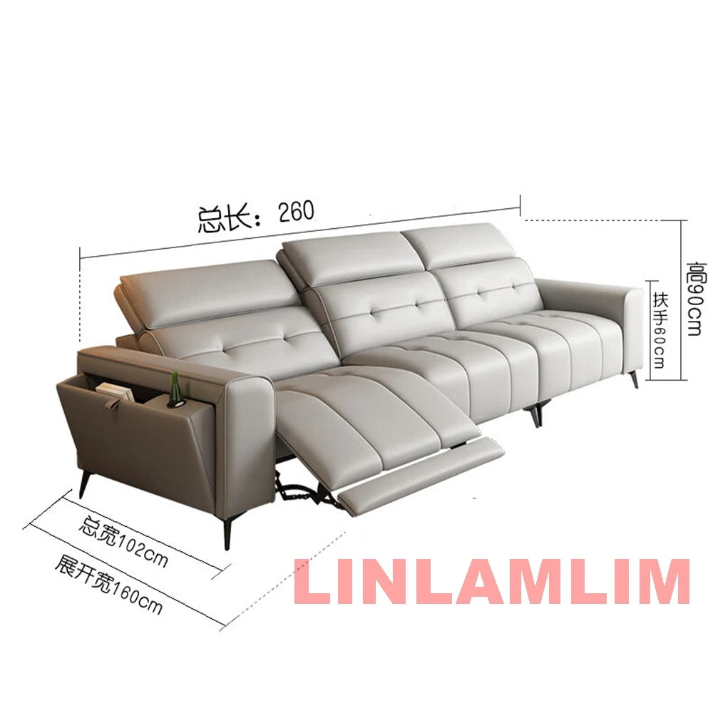 Modern Power Reclining Sofa with Adjustable Headrests – Genuine Leather Recliner Couch with USB, Side Storage and Cup Holders