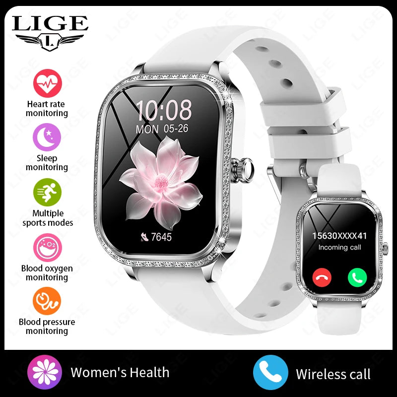 LIGE Fashion Design Women Smart Watch 1.75" Curved Screen Smartwatch Bluetooth Call Clock IP68 Waterproof Diamond Case Bracelet