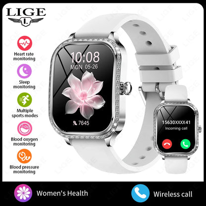 LIGE Fashion Design Women Smart Watch 1.75" Curved Screen Smartwatch Bluetooth Call Clock IP68 Waterproof Diamond Case Bracelet