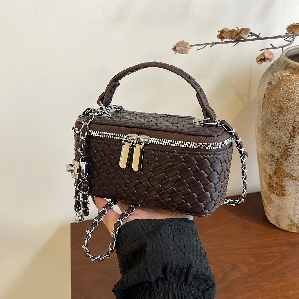 Retro Women Crossbody Bag Woven Pattern Soft PU Leather Handbag Multi Function Adjustable Chain Strap Shoulder Bag for Commute
