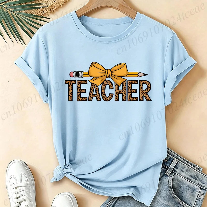 Leopard Teacher Pencil Bow Graphic T Shirt Women Teacher Appreciation Gift Casual Tops Short Sleeve Women's T-Shirts Clothing