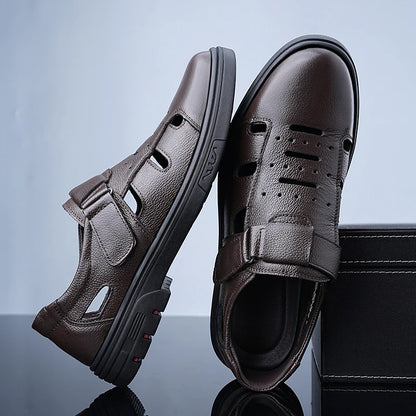 Men's Slip-On Loafers Summer Cowhide Breathable Leather Shoes Comfortable Wear-Resistant Anti-Slip Casual Footwear-705