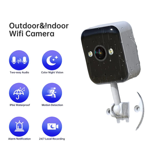 Tyrve outdoor and indoor WiFi camera with features listed on a white background