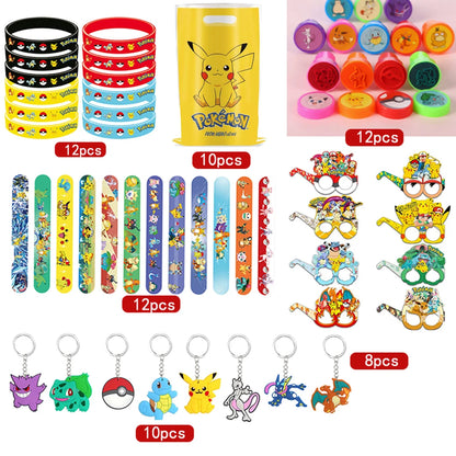 Birthday Party Favor Supplies Pik chu Braclet Keychain Stamp Mask Set for Birthday Party Bag Classroom School Reward Prize Gift