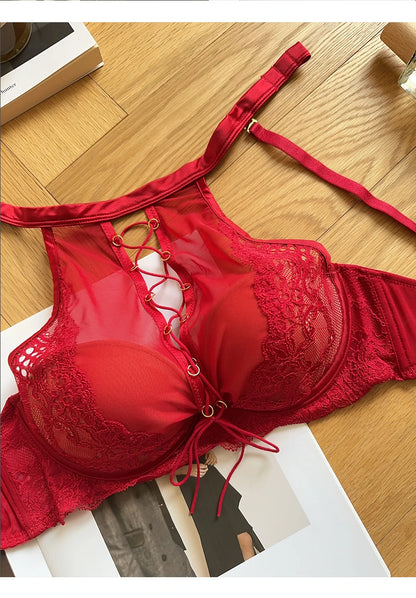 Luxury French Lace Halter Bra Small Chest Push-Up Sheer Bralette Seductive Allure Black Lingerie Set Wire-Free Comfort MOYISU AB