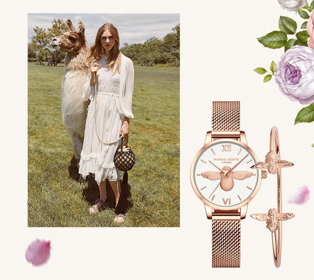 Hannah Martin 2023 New Women Luxury Watch Rose Gold 31mm Classic Casual Girl Dress Watch Bracelet Set 3D Engraved Bee Dial Clock