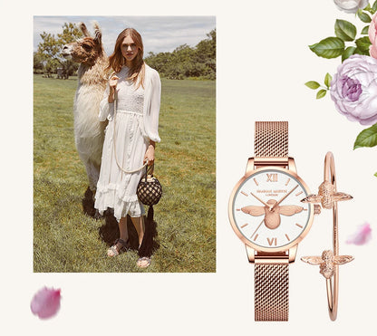 Hannah Martin 2023 New Women Luxury Watch Rose Gold 31mm Classic Casual Girl Dress Watch Bracelet Set 3D Engraved Bee Dial Clock