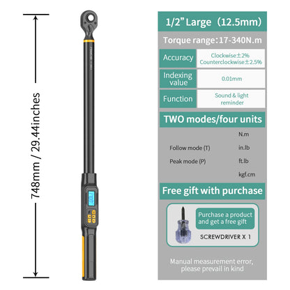 MOVECRAB Series Digital Torque Wrench 1.5-340N.m 2% Accuracy Preset Values with Buzzer, LED Flash & HandleVibration Notification