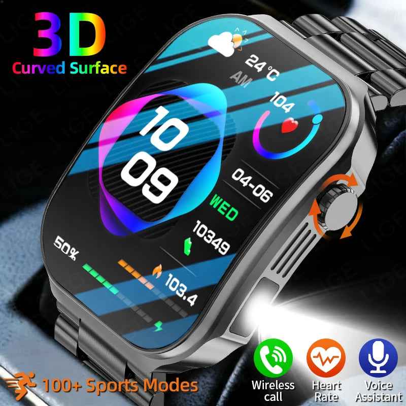 LIGE Nowy smartwatch z zakrzywionym ekranem 3D o przekątnej 2,2 cala z podświetleniem LED, termometrem, monitorem zdrowia, połączeniami BT i funkcjami sportowo-fitnessowymi