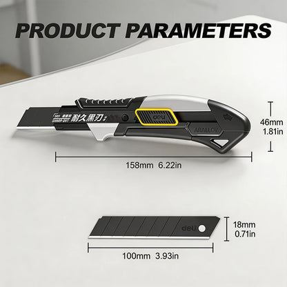 Pro Aluminum Cutter 18mm SK2 Black Blade Thick 0.6mm Rubber Grip Sharp Box Knife + 10pcs Blades Set Heavy Duty DIY Tool