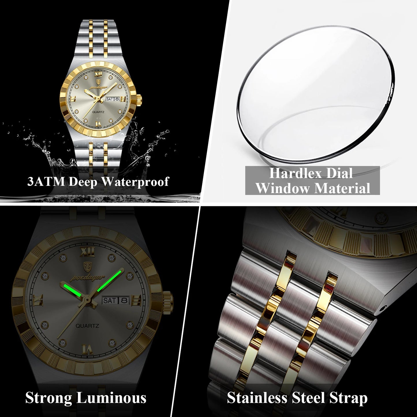 POEDAGAR Elegant Casual Ladies Watch Luminous Waterproof Week Date Fashion Woman Wristwatch Stainless Steel Women Quartz Watches