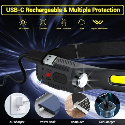 Indukcyjna latarka czołowa COB LED, ładowana przez USB, z wbudowanym akumulatorem, 5 trybów świecenia, lampka do użytku zewnętrznego, awaryjnego, wędkowania