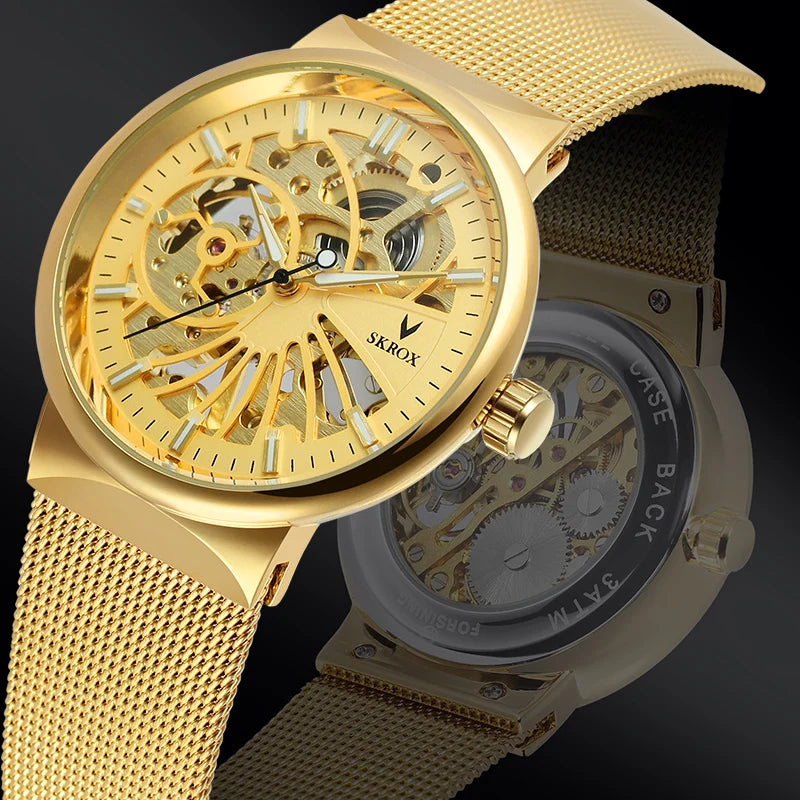 SKROX Luxury Brands Fashion Man Wrist Watches Steel Skeleton Ultra Thin Mechancical Clock Mesh Strap Waterproof Manual Movement