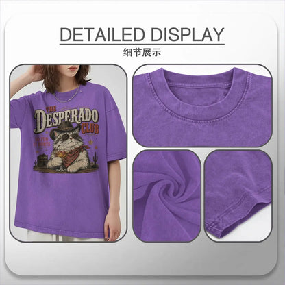 Vintage Washed Western Cowboy Cat T-shirt Cute Animal Manga T-shirts Men Women Cotton Casual Oversized T Shirt Tops