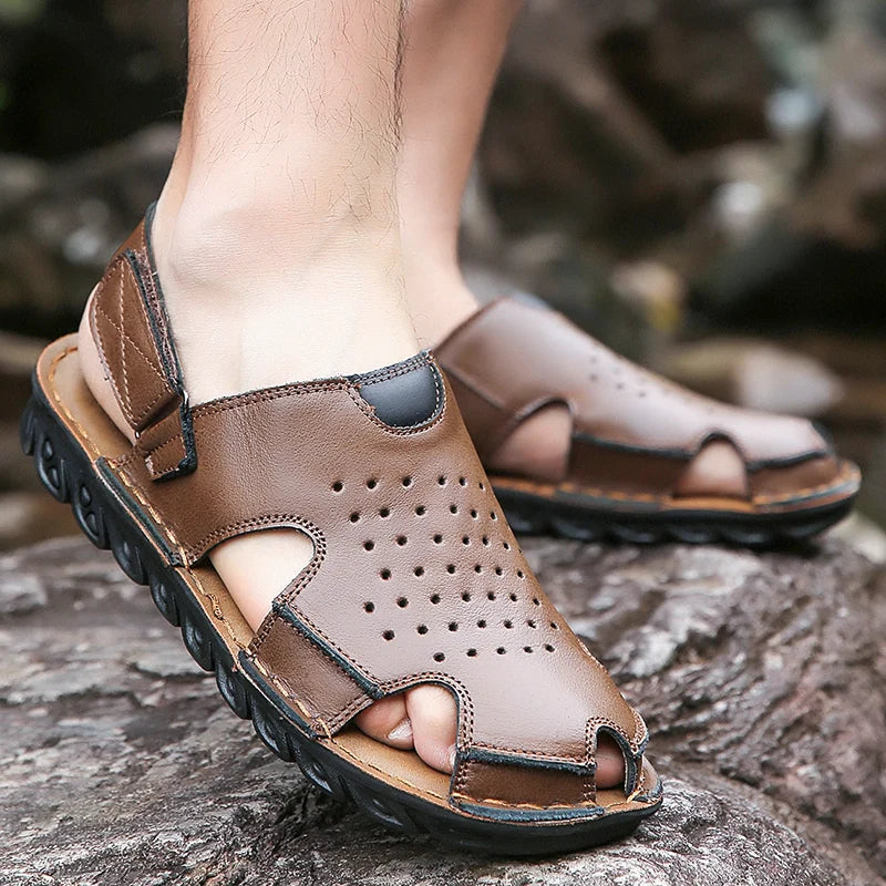 Men's Summer Slip-On Breathable Anti-Slip Outdoor Two-Way Sandals Soft Bottom Driving Hole Hole Casual Loafers-D39