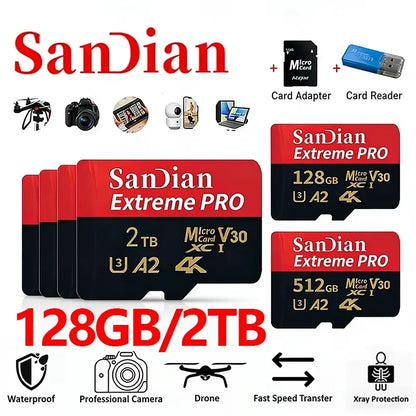Class 10 U3 V30 Waterproof Memory SD Cards with USB Adapter 128GB 512GB High Speed Micro TF/SD Card for Phone Laptop Camera