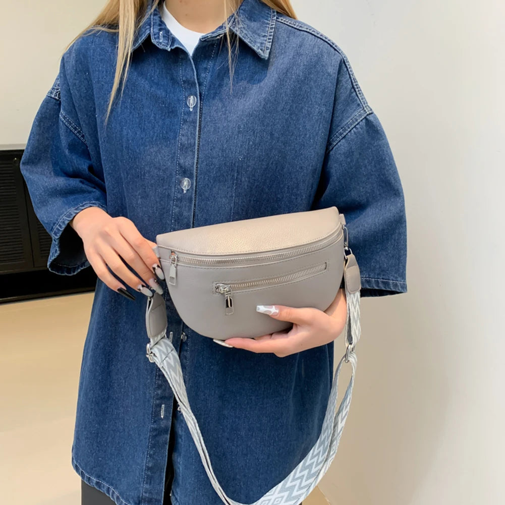2024 Luxury Designer Women's Chest Bag PU Leather Wide Strap Shoulder Crossbody Bag Female Fashion Fanny Pack Banana Waist Bag