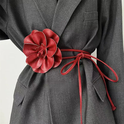 Bohemian PU Leather Waist Belt - Large Flower Tie Wrap Sash with Bow for Dress Decoration
