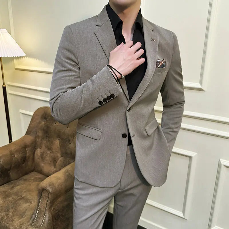 High quality Korean slim fit (suit + trousers) Fashion business handsome casual solid color wedding suit two-piece set
