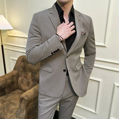High quality Korean slim fit (suit + trousers) Fashion business handsome casual solid color wedding suit two-piece set