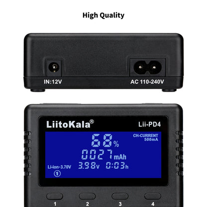 Ładowarka sieciowa LiitoKala Lii-PD4/PD2 LCD, szybkie ładowanie, 4/2 gniazda na akumulatory 21700/18650/AA/AAA, wielokrotne zabezpieczenia, automatyczne wykrywanie